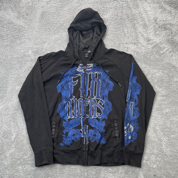 VTG Fox Racing Hoodie Womens Extra Large Black AOP y2K Grunge 90s Motocross - Picture 1 of 9